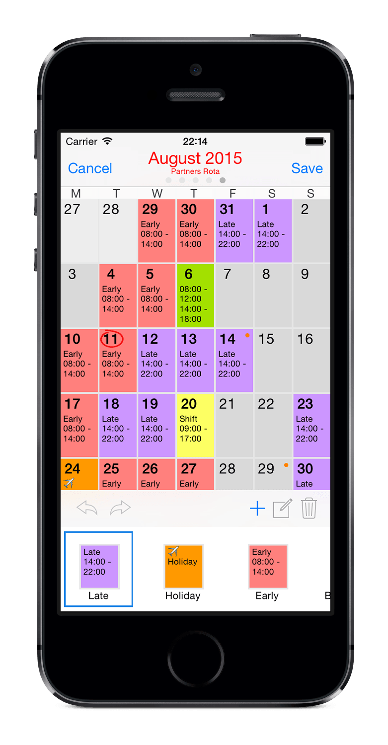 iPhone 5s editing a manual Rota Calendar pattern