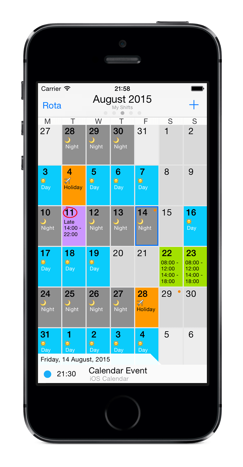 iPhone 5s with an example Rota Calendar shift pattern